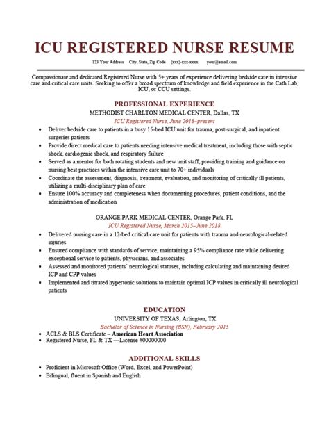 icu registered nurse resume