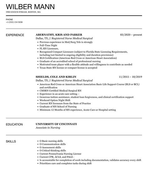 registered nurse resume medical surgical